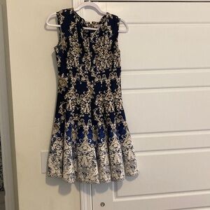 Navy and Cream Baroque Fit-and-Flare Girls' Party Dress